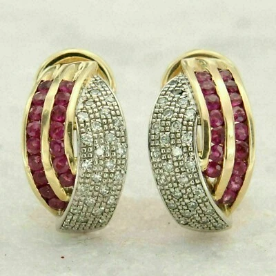 2Ct Round Lab Created Red Ruby  Omega Back Hoop Earrings 14K Yellow Gold Plated - Image 1 of 4