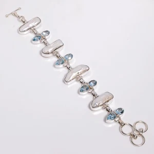 Silver Statement Bracelet 925 Sterling Silver Baroque Pearl Bracelet CBR5 - Picture 1 of 5