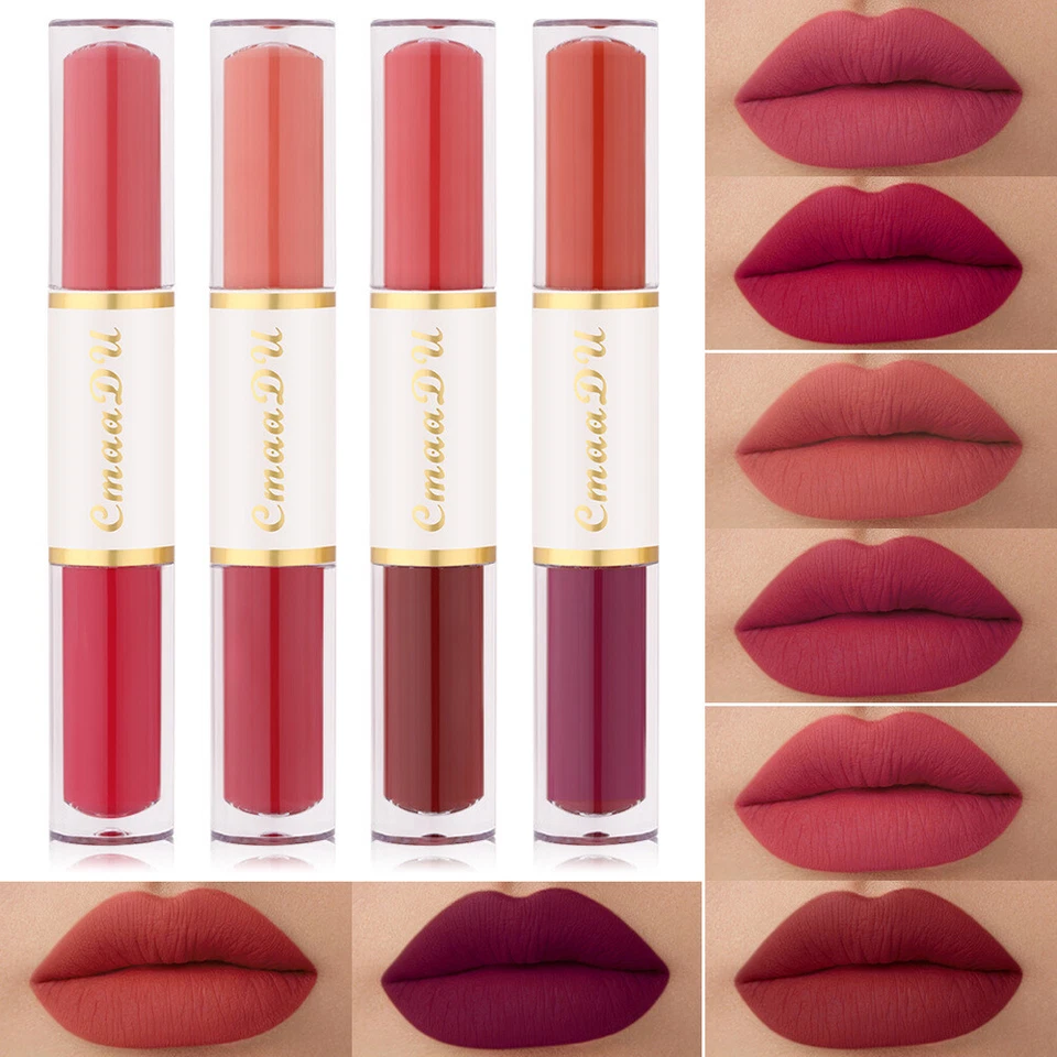 8 Color 4Pcs/Gift Set Dual Ended Design 2 IN 1 Velvet Matte Lipstick Lip Gloss - Image 1 of 4