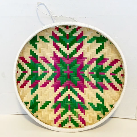 Natural Woven Round Basket Wall Hanging Green And Purple Cover