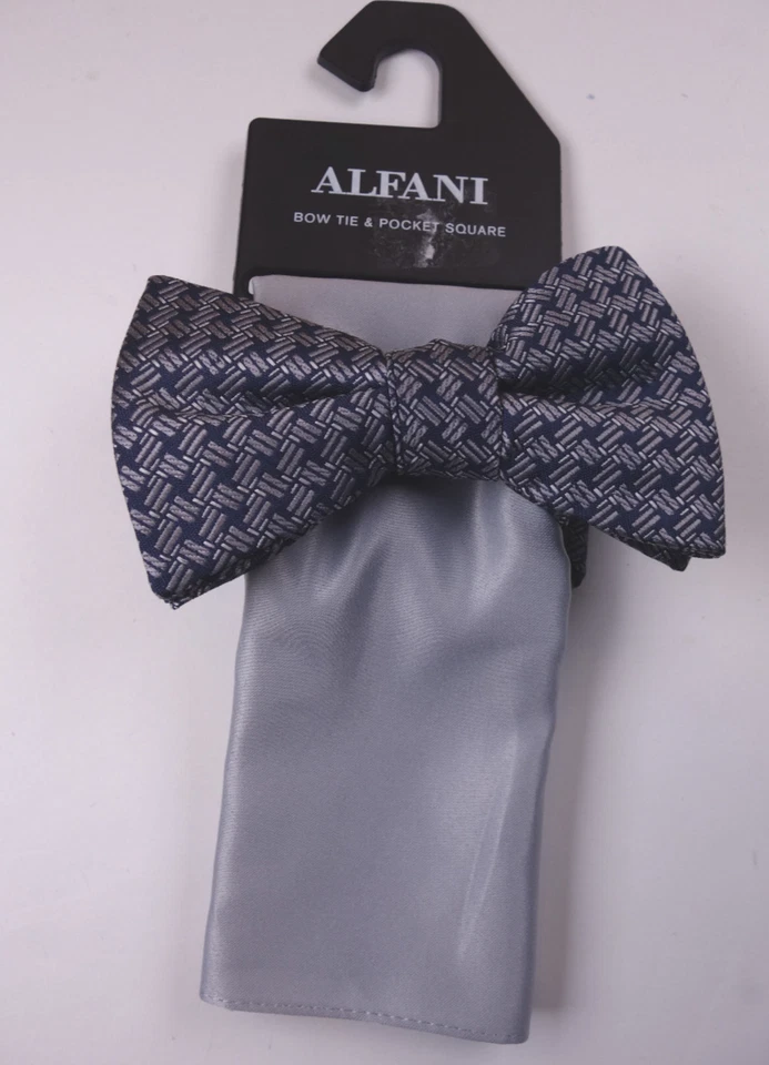 ALFANI Blue Geo Geometric Bow Tie & Gray Pocket Square NEW - Image 1 of 1