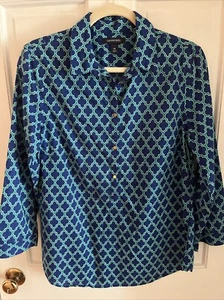 Lands End Hemd mit Knopfleiste 3/4-Arm royalblau/grün marokkanische Tunika Größe 10 - Bild 1 von 6