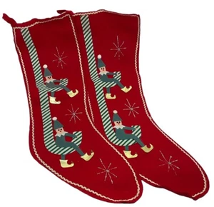 Vintage Christmas Stocking Set - 2 Flannel Elves On Green Striped Candy Cane MCM - Picture 1 of 7