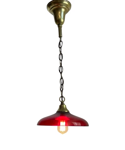 Vintage Brass Ceiling Light Pendant Red Crimson Glass Shade Restored Cover