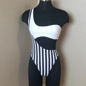 New Kendall Kylie Striped Cut Out One Piece Swimsuit Black White Size Medium M - Imagen 1 de 8