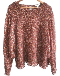 Terra & Sky Smocked Blouse Womens 4X Brown Floral Prairie Long Sleeve - Picture 1 of 9