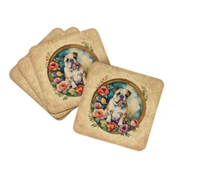 English Bulldog and Flowers Foam Coaster Set of 4 DAC2108FC - Picture 1 of 4