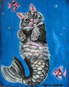 "The Purrmaid" Katze Meerjungfrau Kunstdruck 4x5 Zoll verkauft vom Künstler - Bild 1 von 5