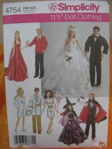 SIMPLICITY PATTERN 4754, 11 ½ BARBIE & KEN DOLL FORMAL WEAR, WEDDING, WITCH, Dr - Picture 1 of 2