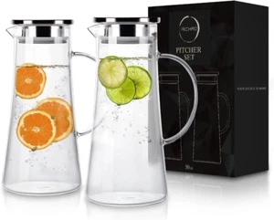 Glass Pitcher with Lid and Spout Set of 2 - Heat Resistant Glass Carafe Pitcher - Picture 1 of 10