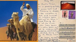 Vintage Picture Postcard with Stamp Dubai UAE Abu Dhabi Camel Desert Falcon Bird - Picture 1 of 3