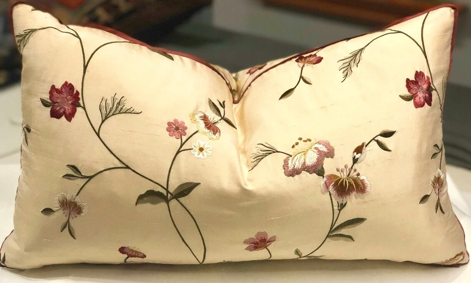 SPRING FLOWERS IN BLOOM. ACCENT PILLOW COVER, SILK EMBROIDERY, MULTI ON IVORY  - Image 1 of 3