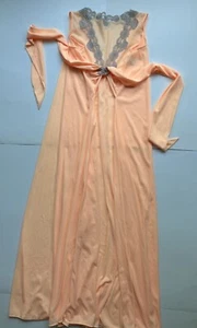 Vintage Ladies Peach Satin Lace Nylon Long Nightgown With Front Tie Size Medium - Picture 1 of 9