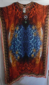 -ANIMAL PRINT KAFTAN CAFTAN BROWN ORANGE BLUE POLYESTER FITS ALL M,L,XL,1X,2X - Picture 1 of 11