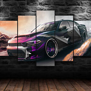 Dodge Charger violette voitures de course super 5 pièces toile art mural impression décoration intérieure
