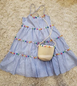 Tommy Bahama Girls Pom Pom Dress Sz.8 Tiered Lined Smock Blue Striped Rainbow - Picture 1 of 13