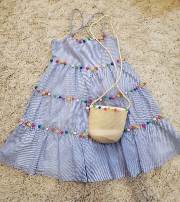 Tommy Bahama Girls Pom Pom Dress Sz.8 Tiered Lined Smock Blue Striped Rainbow - Image 1 of 4