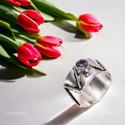 Anillo artesanal apilable de plata maciza 925 con piedras preciosas de iolita para boda esposa talla 7 Foto 1 de 4