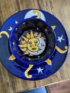 Mexican Talavera Folk Sun & Moon Chip and Dip Plate and Bowl 2 pieces - Picture 1 of 11