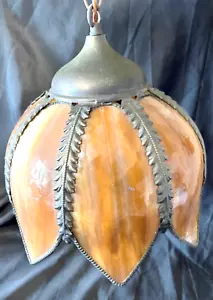 Lampada a sospensione vintage JN Machet ottone vetro ambrato scorie tulipano Swag - Foto 1 di 8
