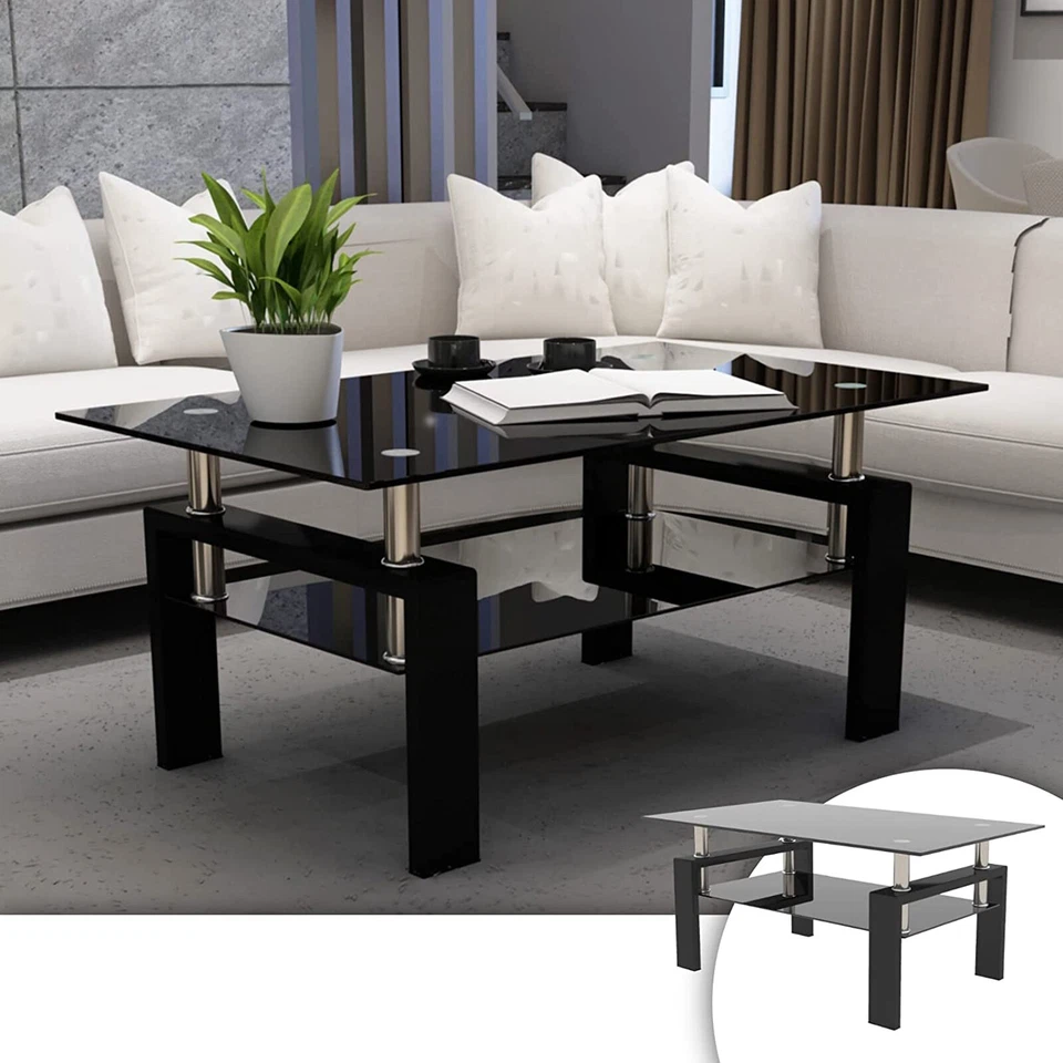 37英寸玻璃咖啡长方形桌现代带搁板客厅家具家用 — 第 1/4 张图片