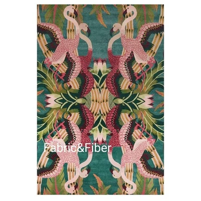 Flamboyance Luxury Handmade Wool Rug - Tropical Flamingo Design | Green & Pink A - Image 1 of 3