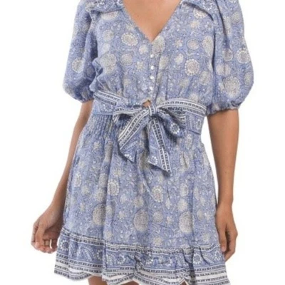 C&C California New Size S Set Blouse Skirt Linen Blend Woven Printed Blue White - Image 1 of 4