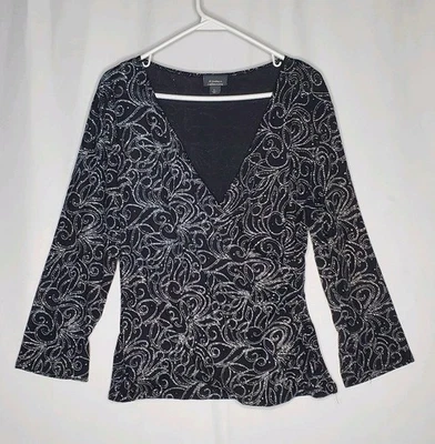 Blusa feminina Dressbarn Y2K envoltório falso XL preta elástica metal diamante 3/4 bruxa - Imagem 1 de 4