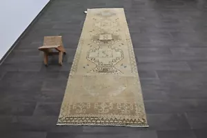 Vintage Turkish Runner Rug 3x9ft Wool Anatolian Handmade Hallway Oushak BEIGE - Picture 1 of 9