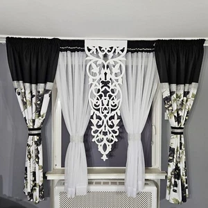 Fertiggardine Vorhänge Zirkonia Komplett Schal Set 9 Teilig Blickdicht Schwarz - Bild 1 von 11