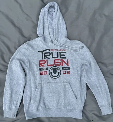Moletom com capuz True Religion logotipo manga longa cinza/vermelho/azul masculino grande 42 EXC - Imagem 1 de 4