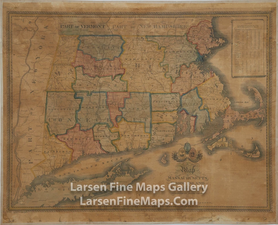 1840 Antique map of Massachusetts, Rhode Island & Connecticut, Lemuel Bingham - Image 1 of 1