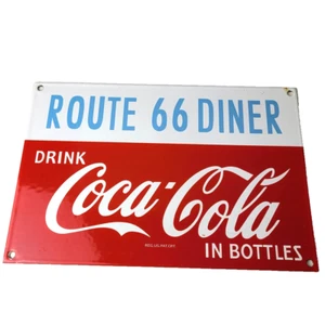 Vintage Coca Cola Porcelain Sign - Route 66 Gas Pump Soda Diner Sign - Picture 1 of 14