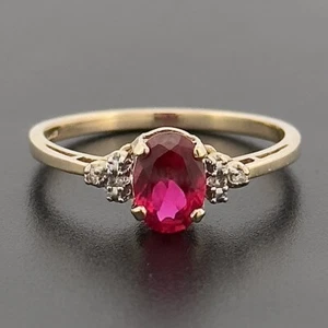10ct Yellow Gold Lab-Created Ruby & Diamond Cluster Ring Size O - Picture 1 of 9