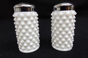 Vintage Fenton Hobnail Milk Glass Salt & Pepper Shakers 3" Chrome Lids USA - Picture 1 of 9