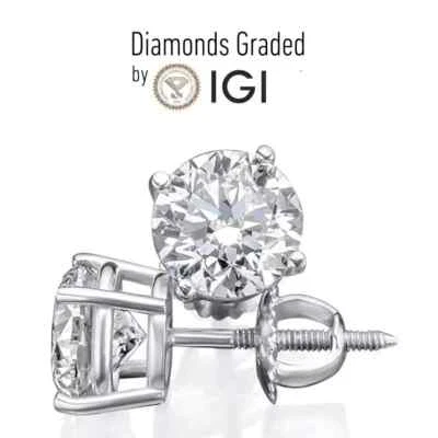 IGI CERTIFIED 2 Ct Real Lab Grown Diamond Studs Earrings Platinum D VVS2 Pair - Image 1 of 4