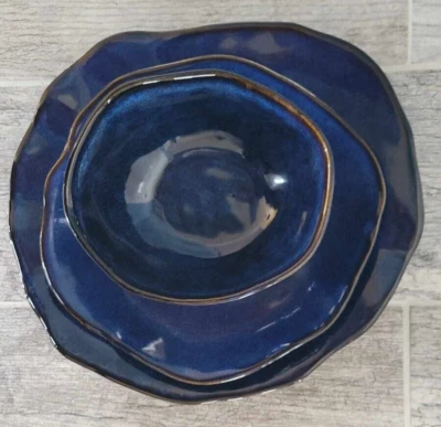 Bezelline Reactive Glaze Stoneware Dinnerware 3 Piece Place Setting Royal Blue B - Image 1 of 4