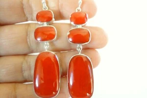 Orecchini Argento Sterling 925 Lunghi Fossile Corallo Rosso Fossile - Foto 1 di 4