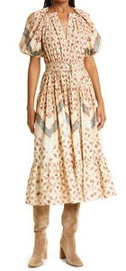 Vestido midi ULLA JOHNSON Josefina estampado mixto fruncido con cinturón ópalo 14 US $475+ NUEVO - Imagen 1 de 16