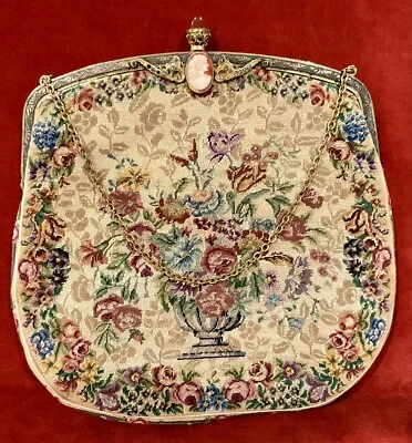 ANTIQUE VTG PETITE POINT FLORAL CAMEO CARNELIAN MARCASITE PURSE EVE HAND BAG - Image 1 of 4
