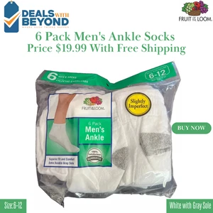 Fruit of the Loom 6 Pack Men's Ankle Socks White with Gray Sole Size 6-12 - Picture 1 of 4