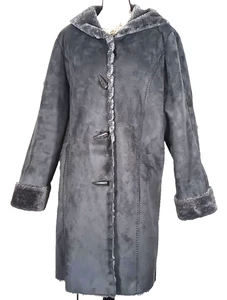 Abrigo largo de piel sintética Coldwater Creek Tally Ho talla L gris capucha Whipstitch lavable - Imagen 1 de 8