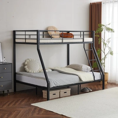 Marco de litera de metal completo doble de alta resistencia con escalera y riel de protección negro Foto 1 de 4