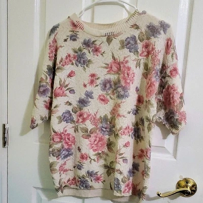 United States Sweaters Retro Y2K Cream & Floral Grandma Textured Knit Sweater L - Image 1 of 4