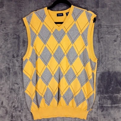 IZOD Suéter Chaleco Para Hombres Grande Amarillo Gris Argyle Algodón Cuello en V Golf Pullover Foto 1 de 4