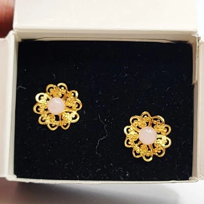 Vintage 90s Avon Gold Tone Rose Quartz Filigree Ornate Lattice Stud Earrings - Image 1 of 4