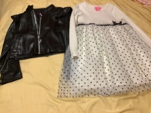 V-Isaac Mizrah Girls Black White Dress  with Blk Faux Leather Jacket Size 4 EUC - Picture 1 of 10