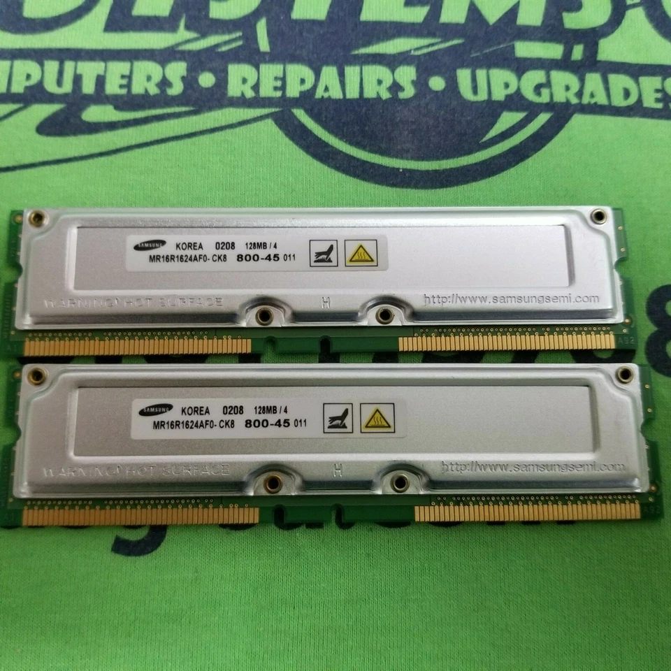 LOT OF 2 Samsung 2 x 128MB (256MB) RDRAM RIMM Memory - MR16R1624AF0-CK8 - Image 1 of 1