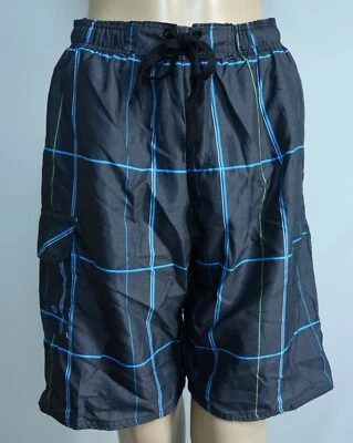 BURNSIDE Hombre Negro/Gris con Cuadros Azul/Verde Rayas Natación Tabla Pantalones Cortos, Talla S Foto 1 de 3
