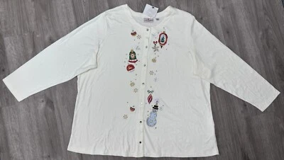 Quacker Factory Christmas Cardigan Women 3x Snap Ivory Embroider Ornaments New - Image 1 of 4